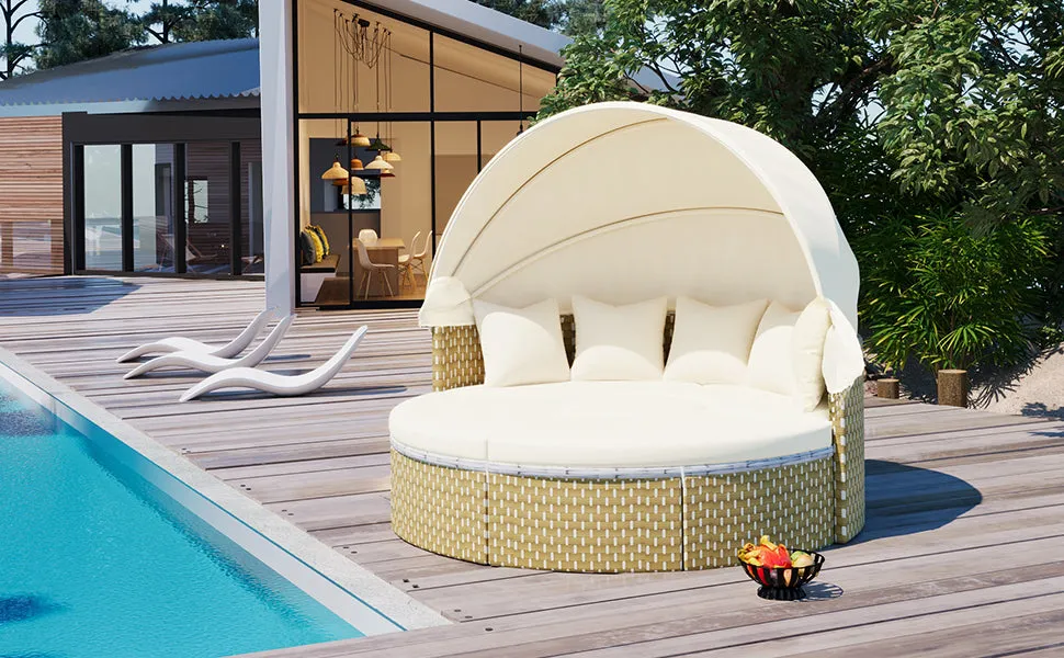 Malena 5 Pc Round Rattan Sectional Sofa Set with Retractable Canopy - Beige