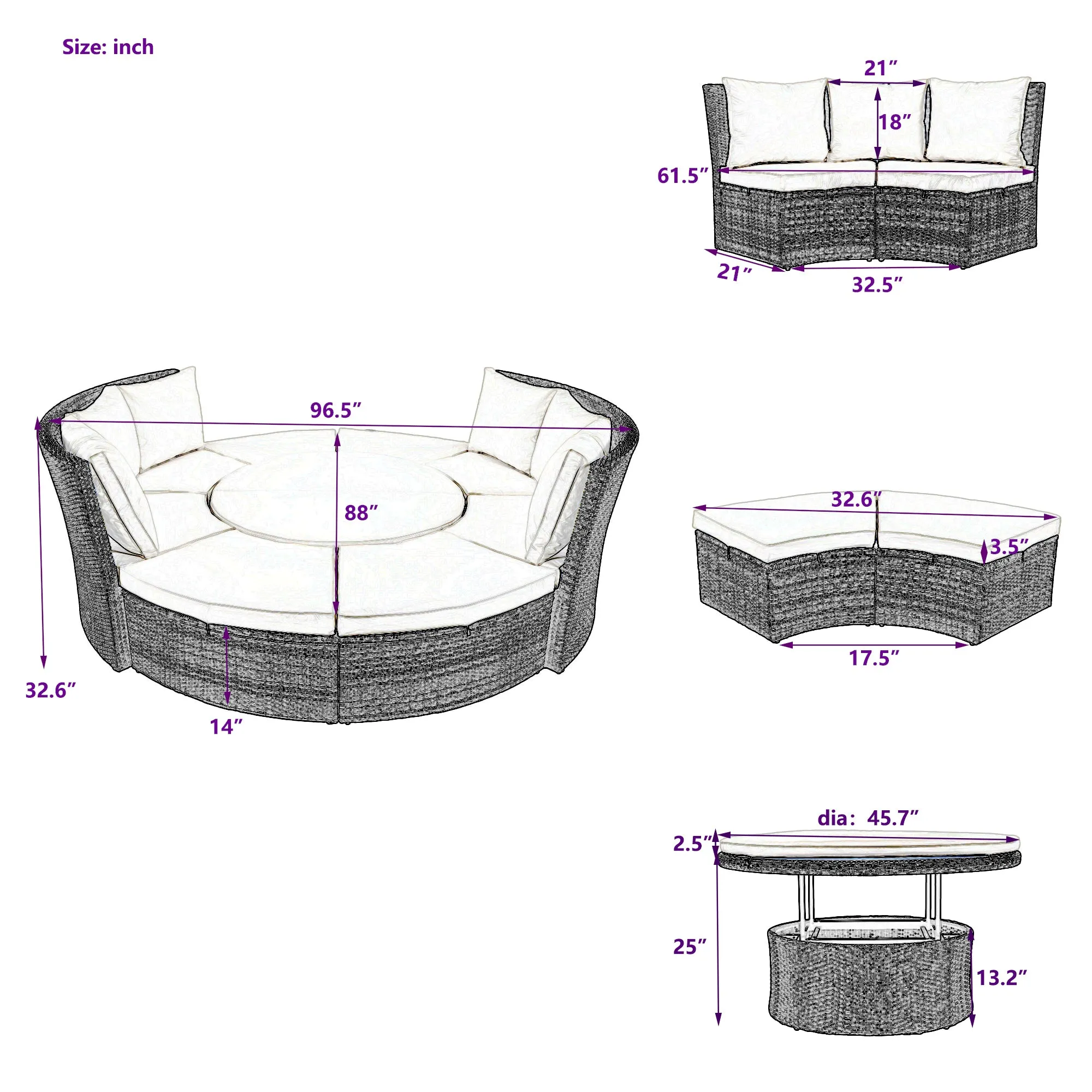 Marvelo 5 Pc Round Rattan Sectional Sofa Set - Gray