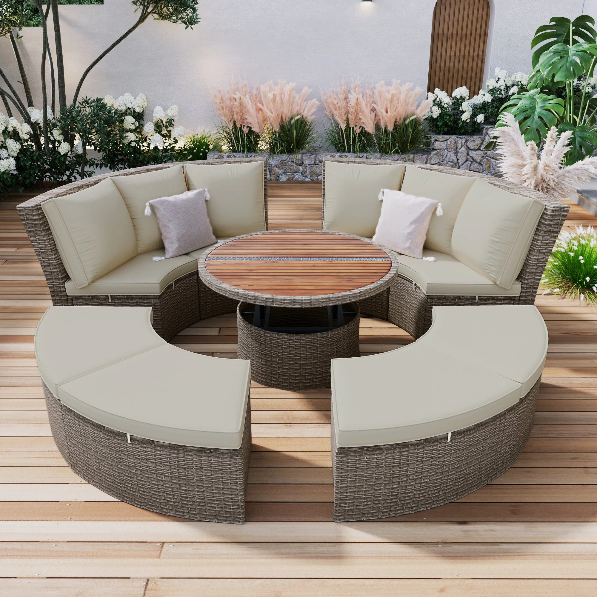 Marvelo 5 Pc Round Rattan Sectional Sofa Set - Gray