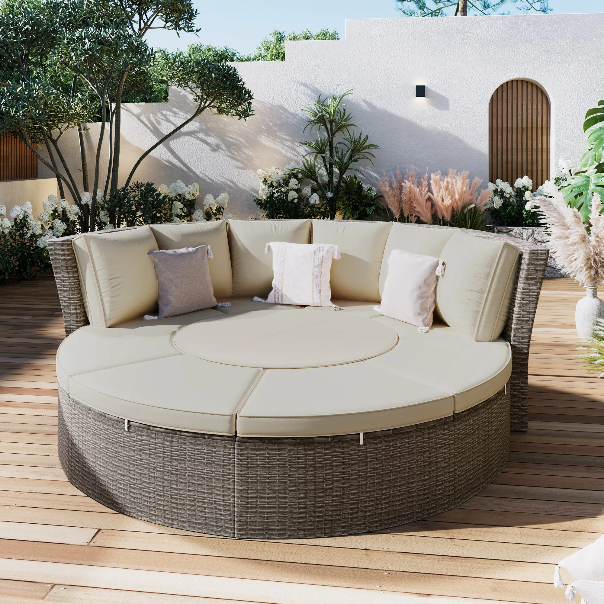 Marvelo 5 Pc Round Rattan Sectional Sofa Set - Gray