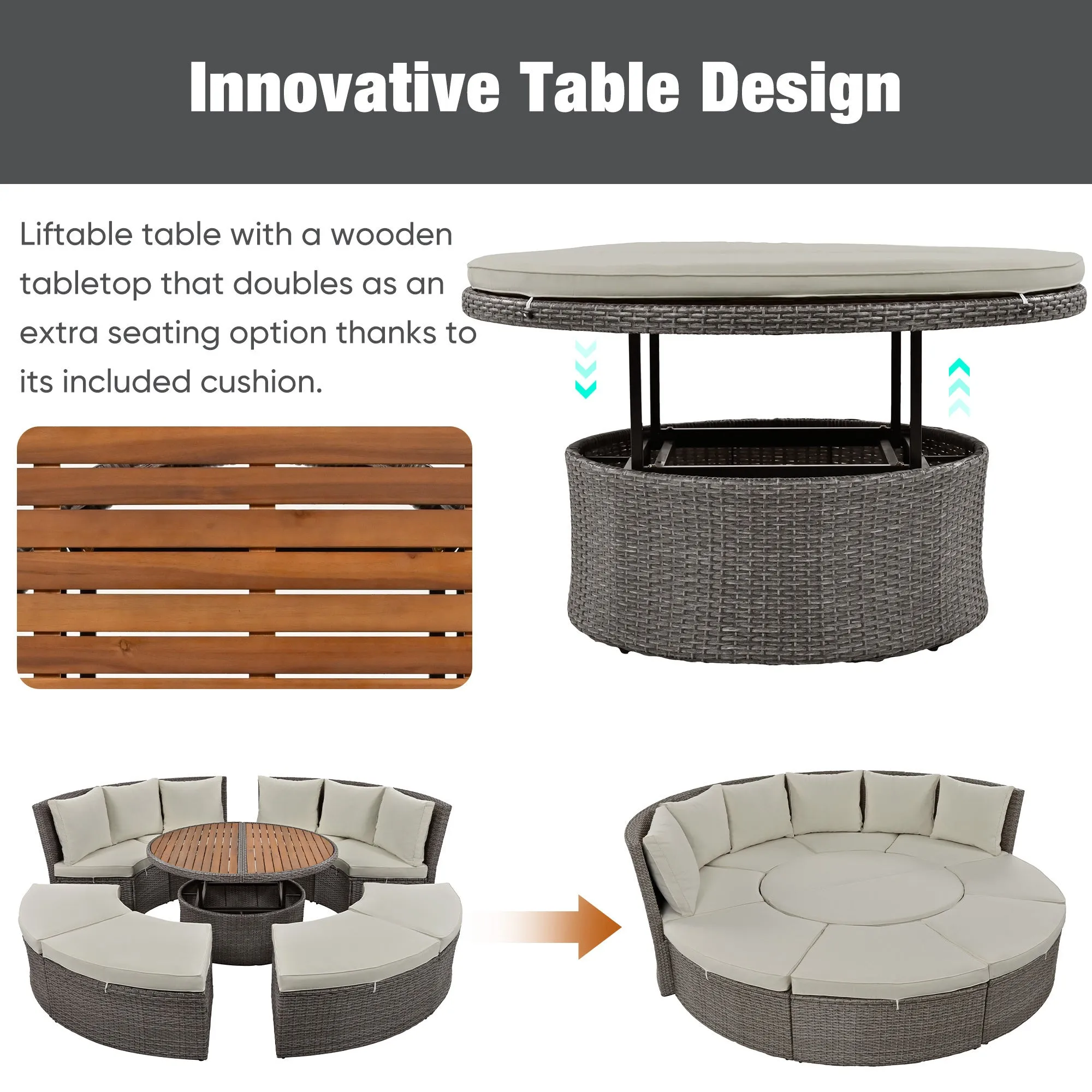 Marvelo 5 Pc Round Rattan Sectional Sofa Set - Gray