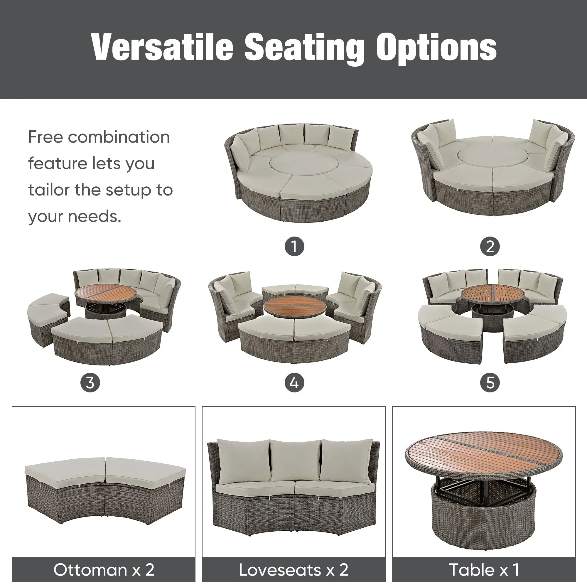 Marvelo 5 Pc Round Rattan Sectional Sofa Set - Gray