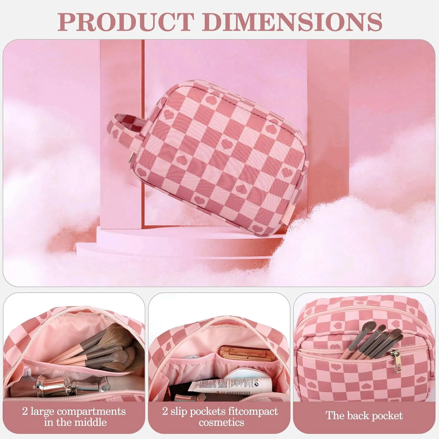 MAXTOP Checkered Makeup Bag Small Travel Cosmetic Bags for Women Make up Bags with Organized Pockets Portable Makeup Case With Handle(Pink)