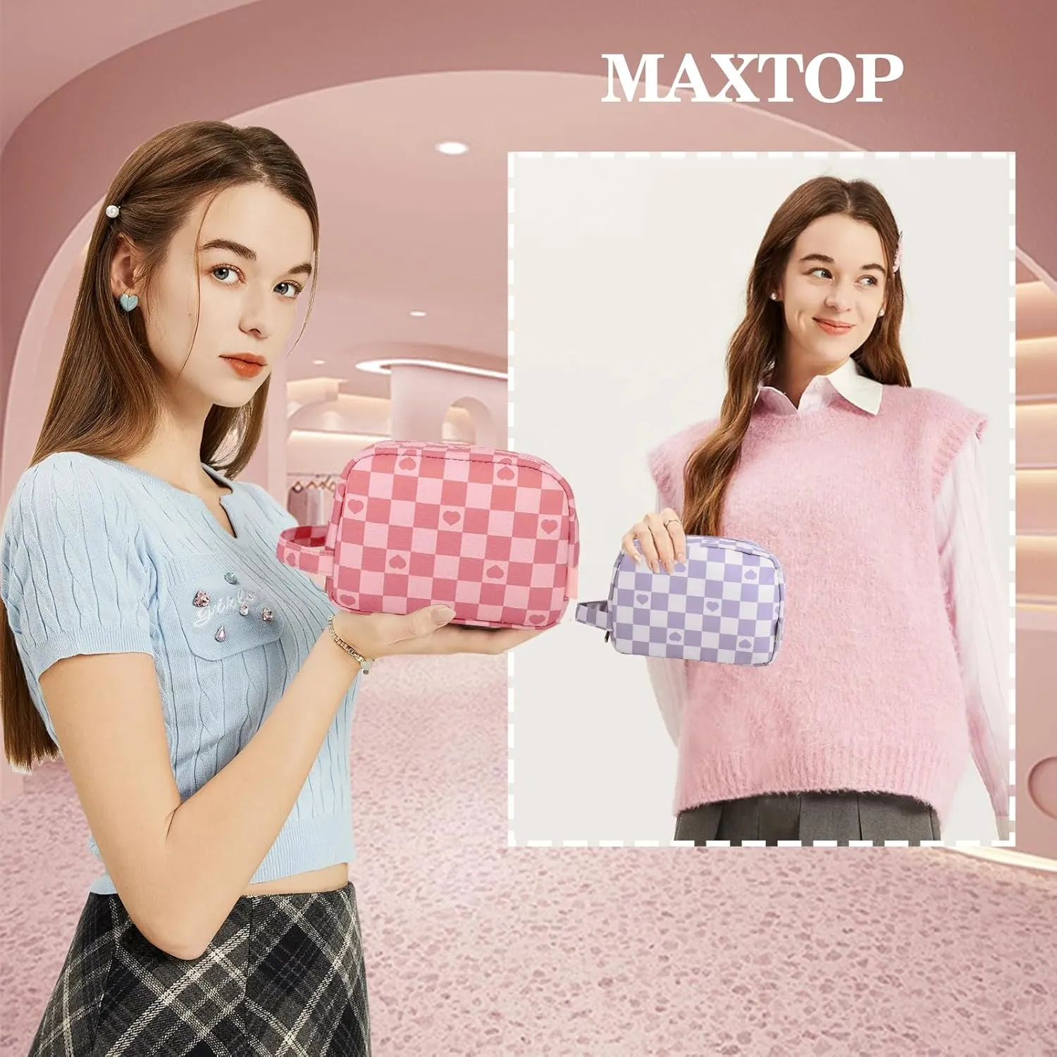 MAXTOP Checkered Makeup Bag Small Travel Cosmetic Bags for Women Make up Bags with Organized Pockets Portable Makeup Case With Handle(Pink)