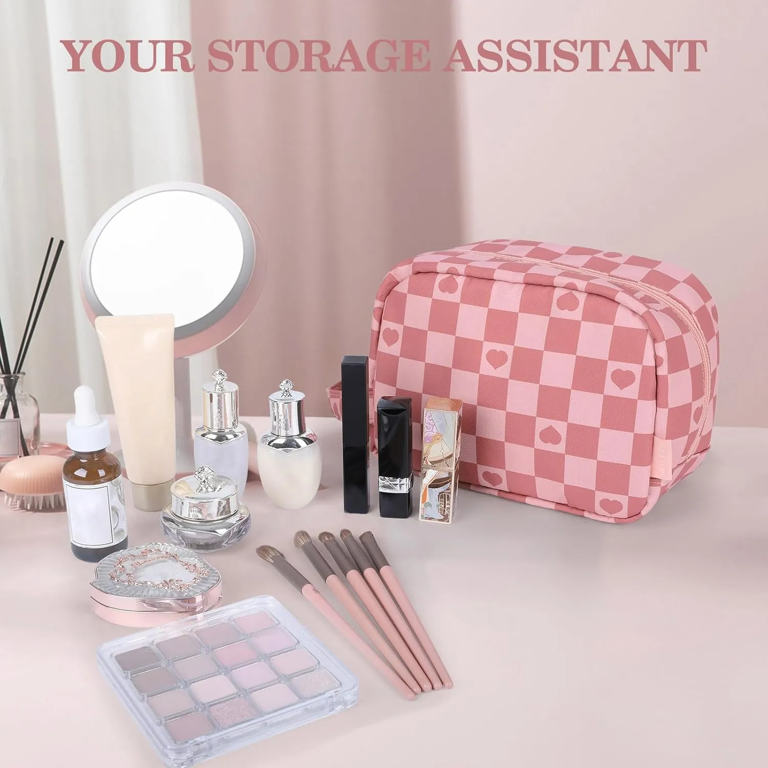 MAXTOP Checkered Makeup Bag Small Travel Cosmetic Bags for Women Make up Bags with Organized Pockets Portable Makeup Case With Handle(Pink)