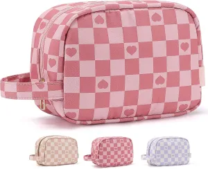 MAXTOP Checkered Makeup Bag Small Travel Cosmetic Bags for Women Make up Bags with Organized Pockets Portable Makeup Case With Handle(Pink)