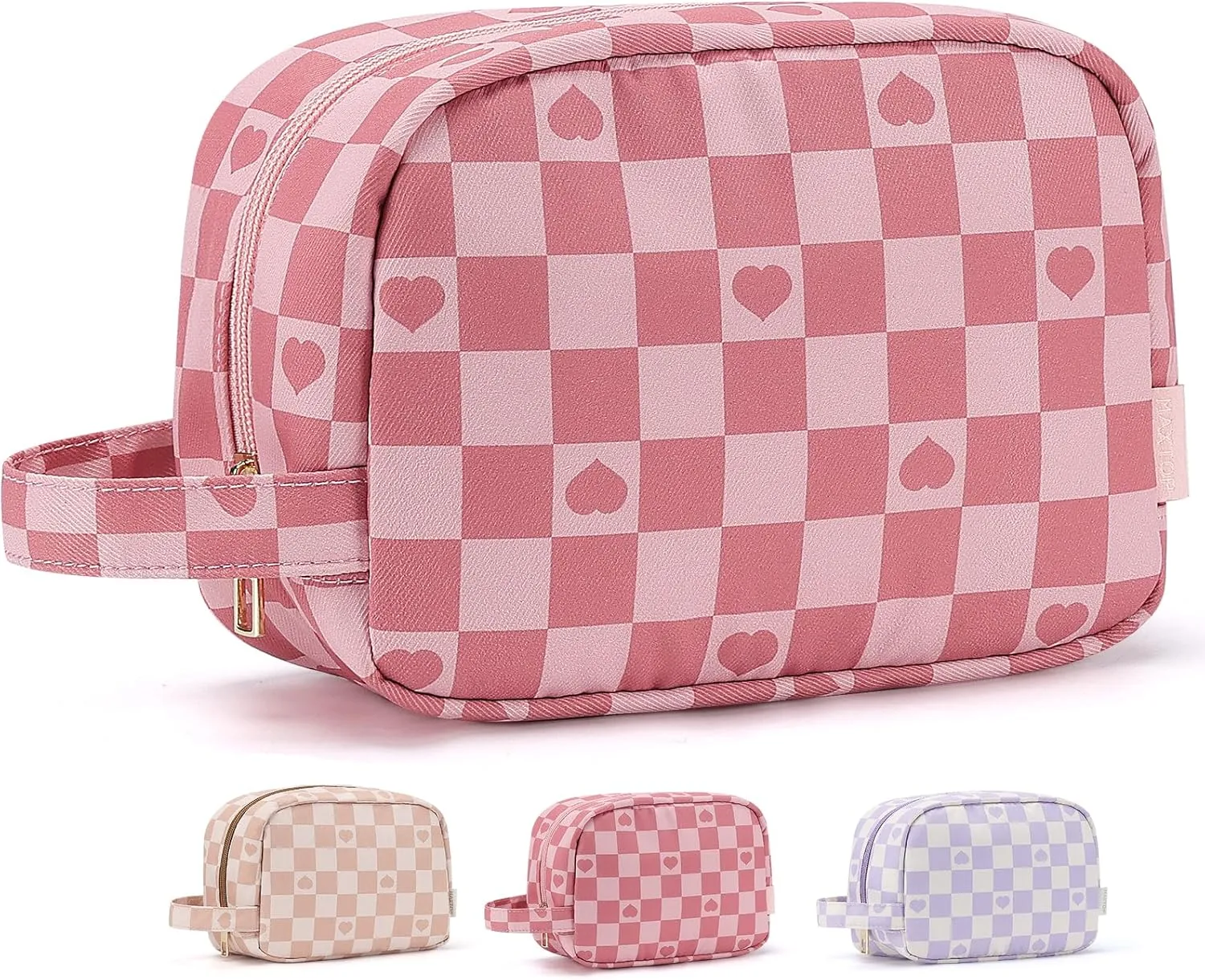 MAXTOP Checkered Makeup Bag Small Travel Cosmetic Bags for Women Make up Bags with Organized Pockets Portable Makeup Case With Handle(Pink)