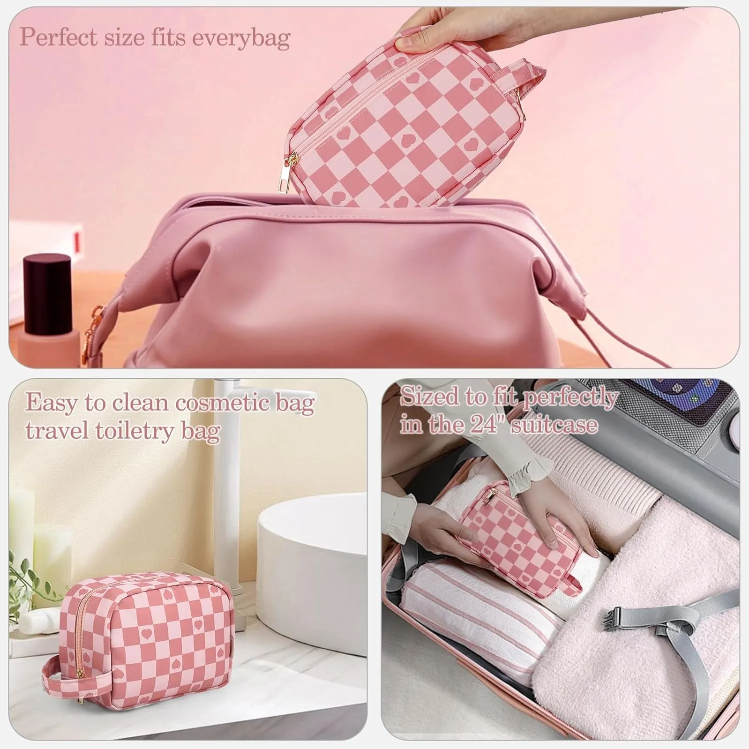MAXTOP Checkered Makeup Bag Small Travel Cosmetic Bags for Women Make up Bags with Organized Pockets Portable Makeup Case With Handle(Pink)