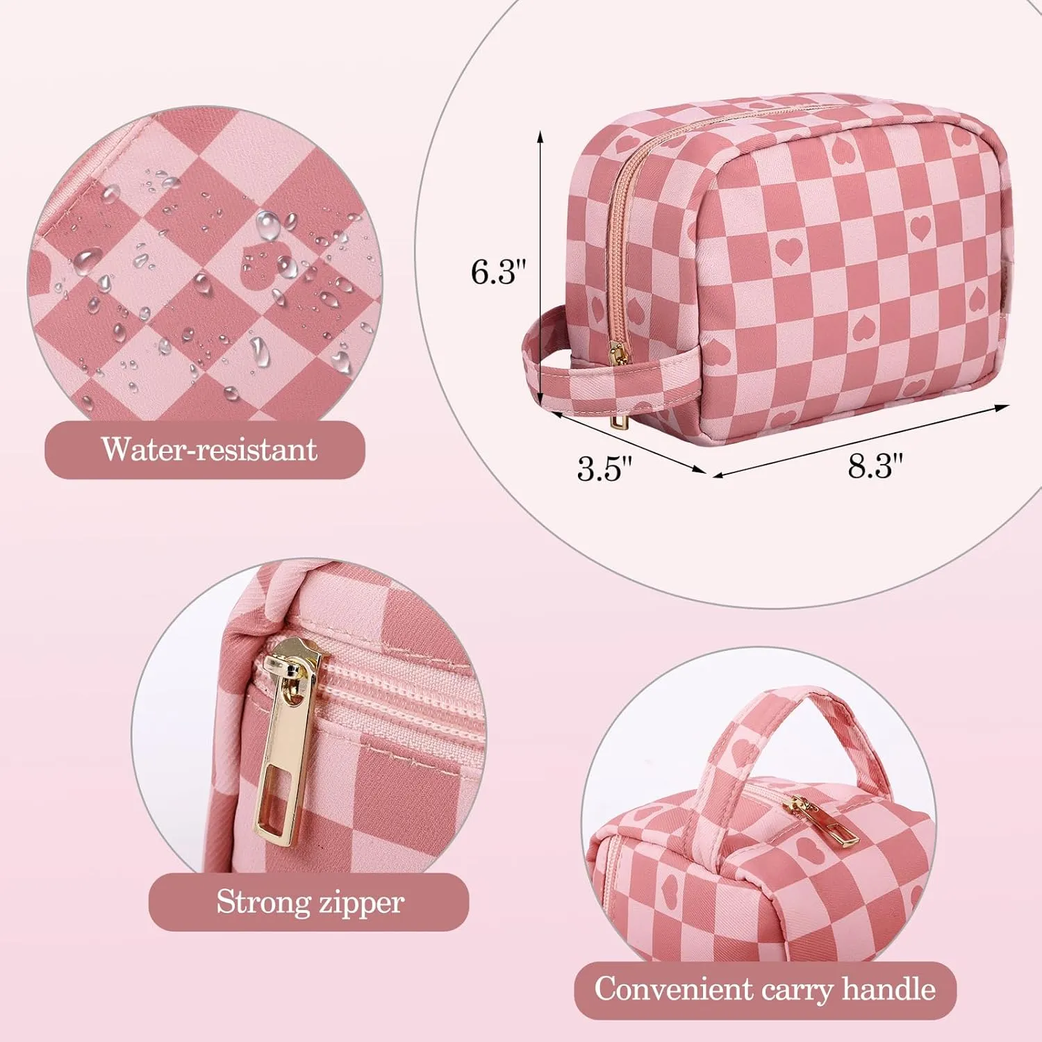 MAXTOP Checkered Makeup Bag Small Travel Cosmetic Bags for Women Make up Bags with Organized Pockets Portable Makeup Case With Handle(Pink)