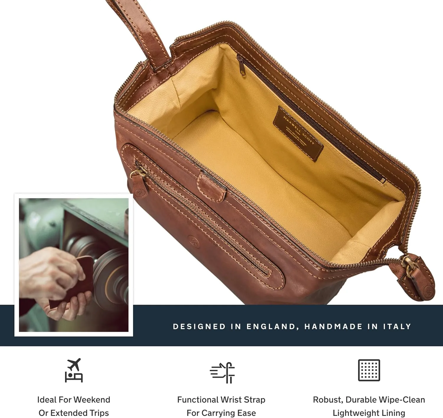 Maxwell Scott - Personalized Mens Luxury Leather Large Wash Bag Dopp Kit with Zip Opening - The Duno Large - Chestnut Tan