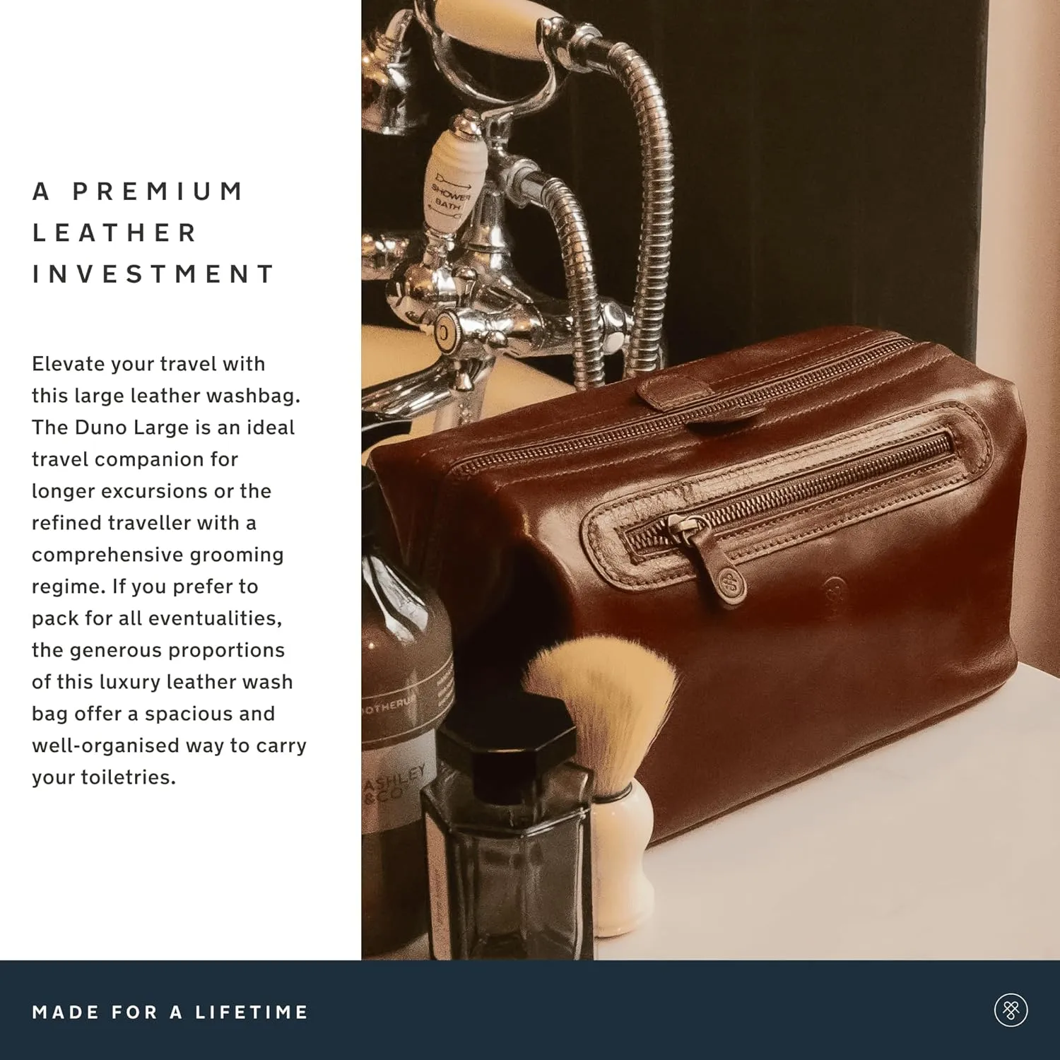 Maxwell Scott - Personalized Mens Luxury Leather Large Wash Bag Dopp Kit with Zip Opening - The Duno Large - Chestnut Tan