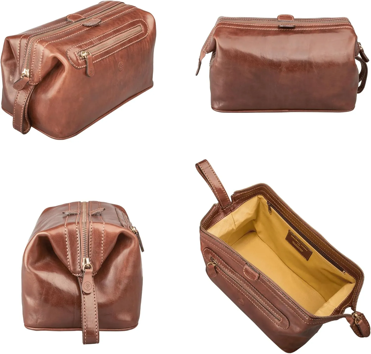 Maxwell Scott - Personalized Mens Luxury Leather Large Wash Bag Dopp Kit with Zip Opening - The Duno Large - Chestnut Tan