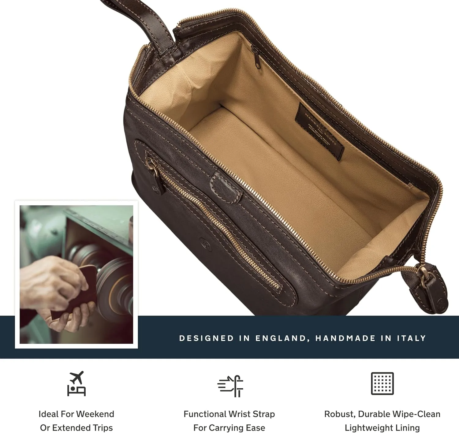 Maxwell Scott - Personalized Mens Luxury Leather Large Wash Bag Dopp Kit with Zip Opening - The Duno Large - Dark Brown