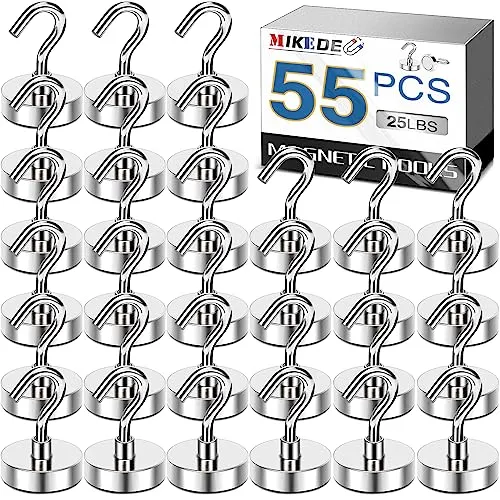 MIKEDE Magnetic Hooks, 25LB Heavy Duty Magnet Hooks for Cruise Cabins, Strong Magnets Neodymium with Hooks for Hanging, Refrigerator, Locker Decoration, Workplace -55Pack