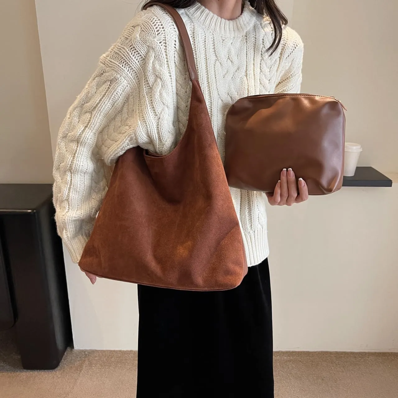 Modavo Suede Tote Bag, Slouchy Hobo Bags, Retro Soft Slouchy Shoulder Purses Handbags, Modavo Vintage Faux Suede Bag