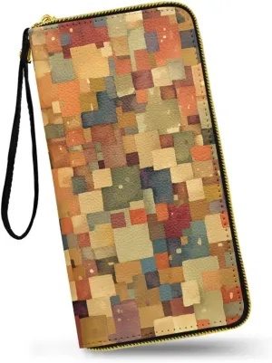 Modern Color Blocks Art Long Slim Wristlet Wallet for Women Abstract Colorblock Artwork Zipper Around Credit Card Holder Leather Billfold Clutch Wallets