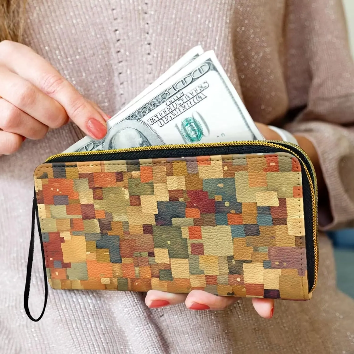 Modern Color Blocks Art Long Slim Wristlet Wallet for Women Abstract Colorblock Artwork Zipper Around Credit Card Holder Leather Billfold Clutch Wallets