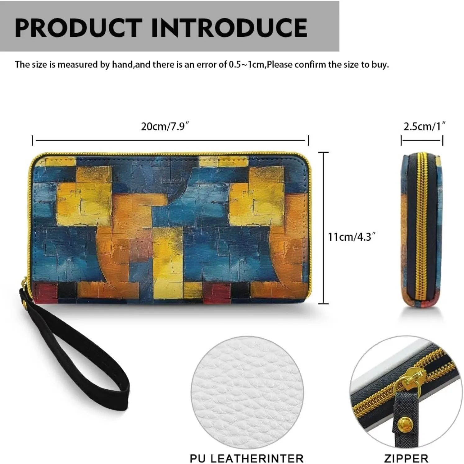 Modern Painting Geometric Wallets for Women Colorblock Patchwork Zipper Around Card Holder Wallet Clutch, Blue Yellow PU Leather Wallet Lady Zipper Coin Pocket
