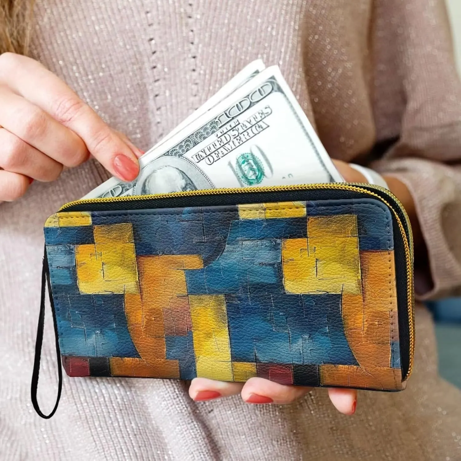 Modern Painting Geometric Wallets for Women Colorblock Patchwork Zipper Around Card Holder Wallet Clutch, Blue Yellow PU Leather Wallet Lady Zipper Coin Pocket