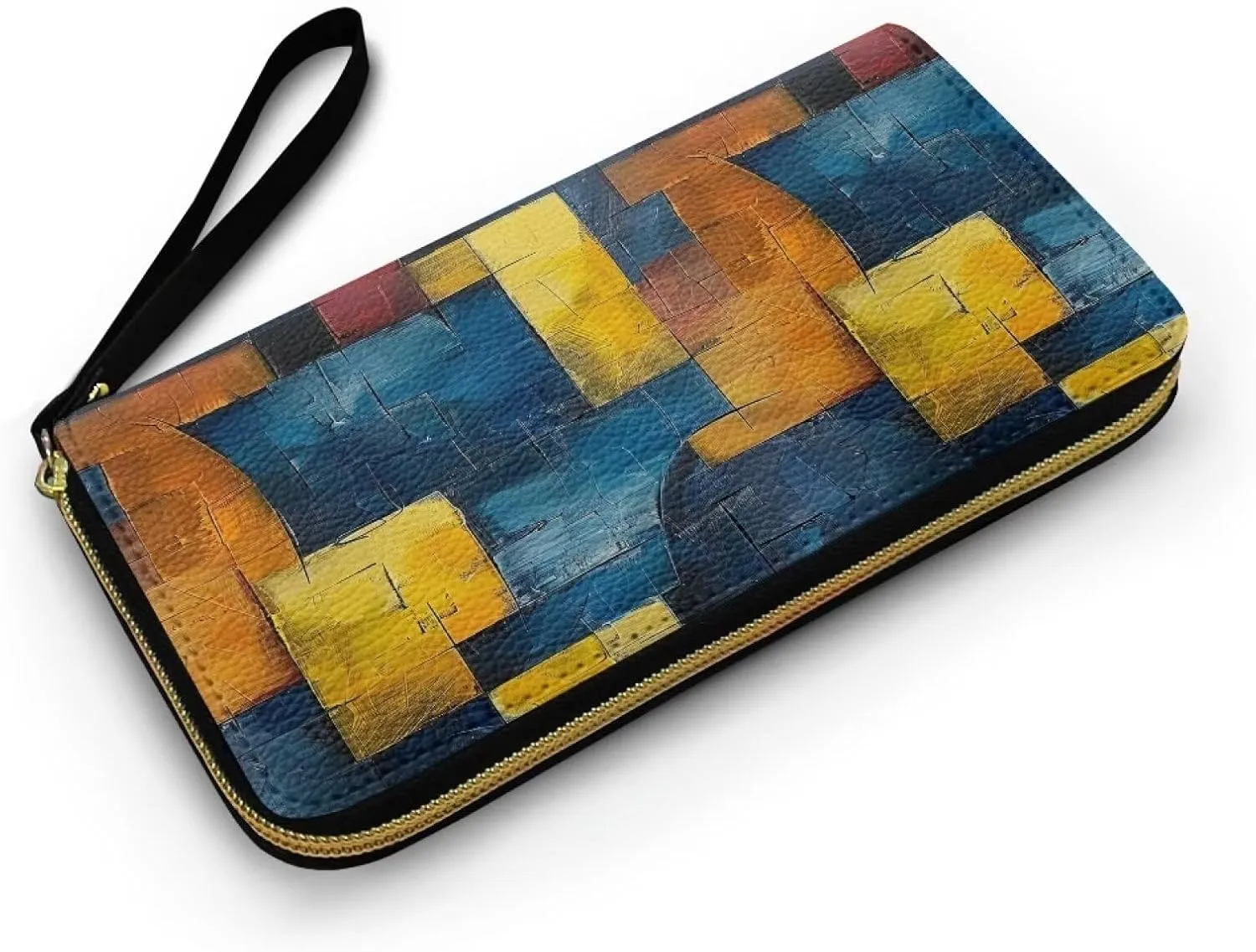 Modern Painting Geometric Wallets for Women Colorblock Patchwork Zipper Around Card Holder Wallet Clutch, Blue Yellow PU Leather Wallet Lady Zipper Coin Pocket