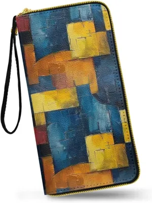 Modern Painting Geometric Wallets for Women Colorblock Patchwork Zipper Around Card Holder Wallet Clutch, Blue Yellow PU Leather Wallet Lady Zipper Coin Pocket