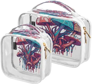 Mushroom Psychedelic 2 Pieces Clear Makeup Cosmetic Bags for Traveling Vacation Organizing, Toiletry Bags for Women Men, PVC Waterproof Travel Organizer