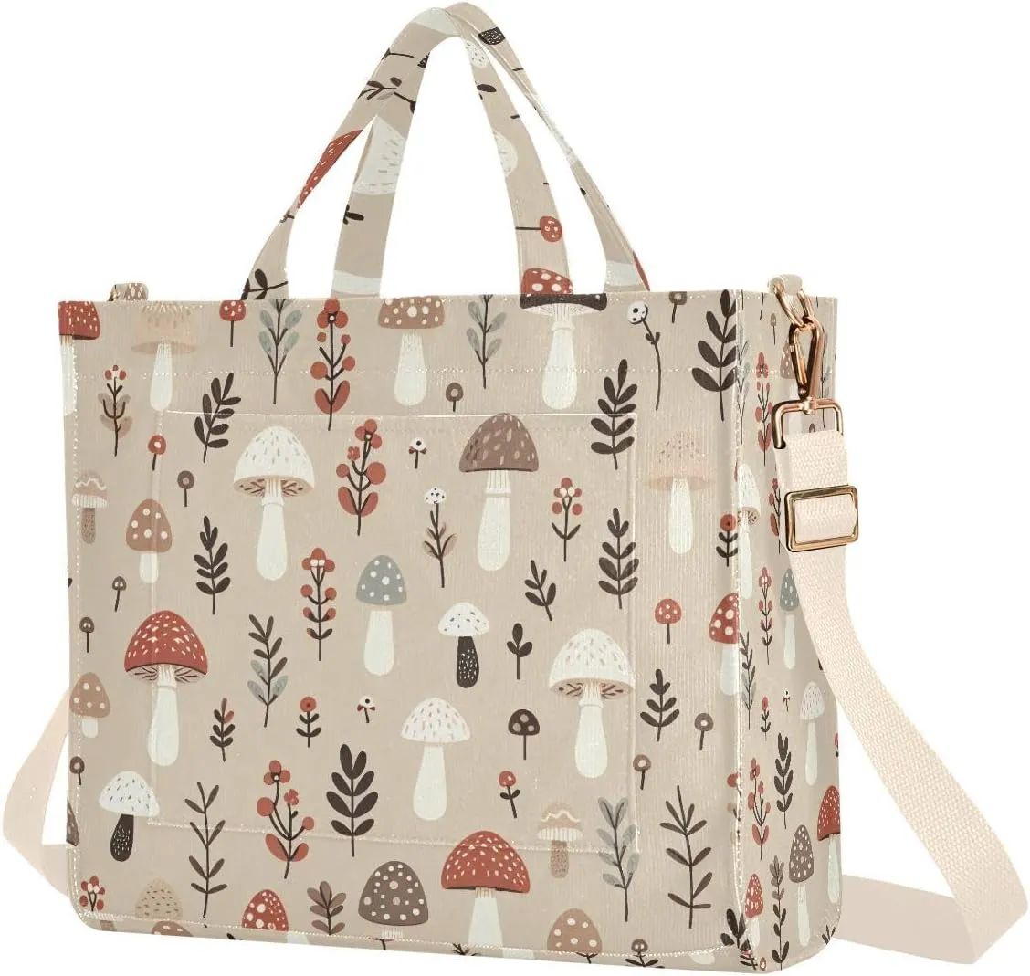 Mushrums and Leaf Corduroy Tote Bag for Women Hobo Crossbody Bag Purse Stylish Shoulder Handbag Messenger Bags, S