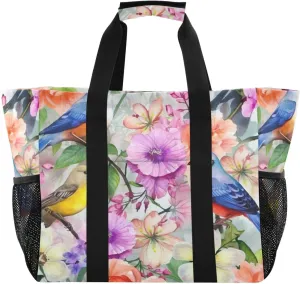 Nander Beautiful Colorful Birds Foldable Tote Bag Waterproof Sandproof Women Beach Bag Handbag Gym Bag Travel Shopping Bag