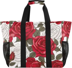Nander Beautiful Red Roses Foldable Tote Bag Waterproof Sandproof Women Beach Bag Handbag Gym Bag