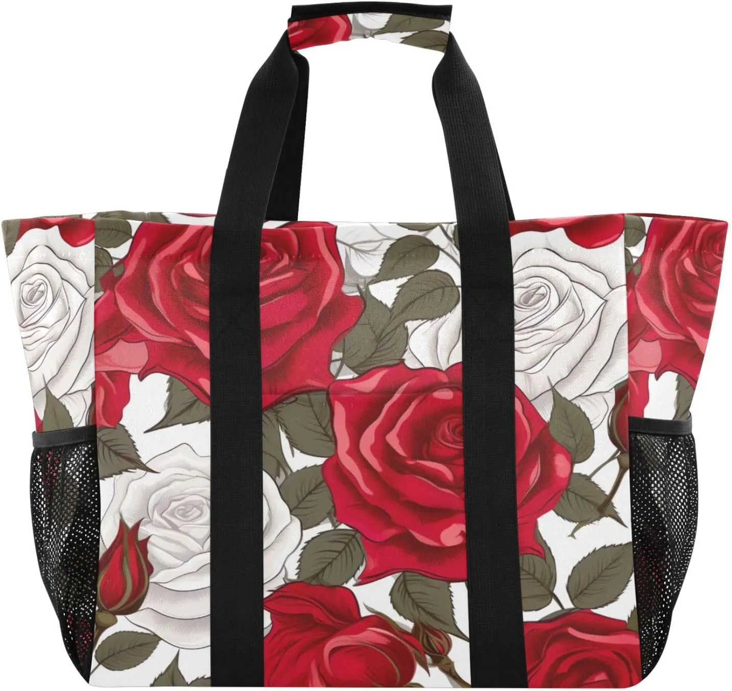Nander Beautiful Red Roses Foldable Tote Bag Waterproof Sandproof Women Beach Bag Handbag Gym Bag