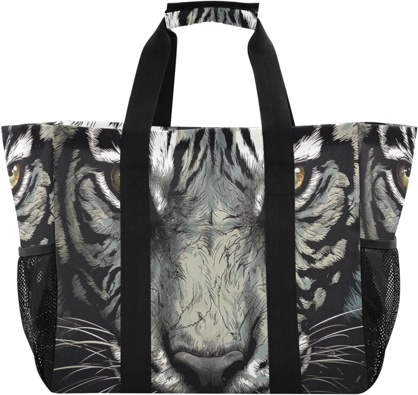 Nander Black and White Tiger Foldable Tote Bag Waterproof Sandproof Women Beach Bag Handbag Gym Bag