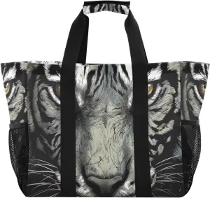 Nander Black and White Tiger Foldable Tote Bag Waterproof Sandproof Women Beach Bag Handbag Gym Bag