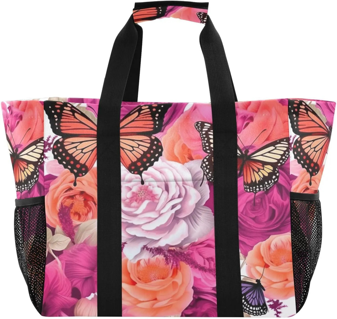 Nander Butterflies and Peony Flowers Foldable Tote Bag Waterproof Sandproof Women Beach Bag Handbag Gym Bag