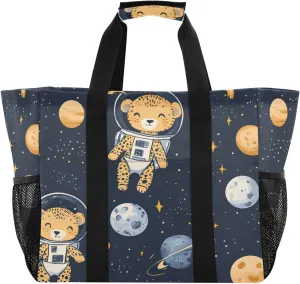 Nander Cute Space Leopard Foldable Tote Bag Waterproof Sandproof Women Beach Bag Handbag Gym Bag Travel Shopping Bag