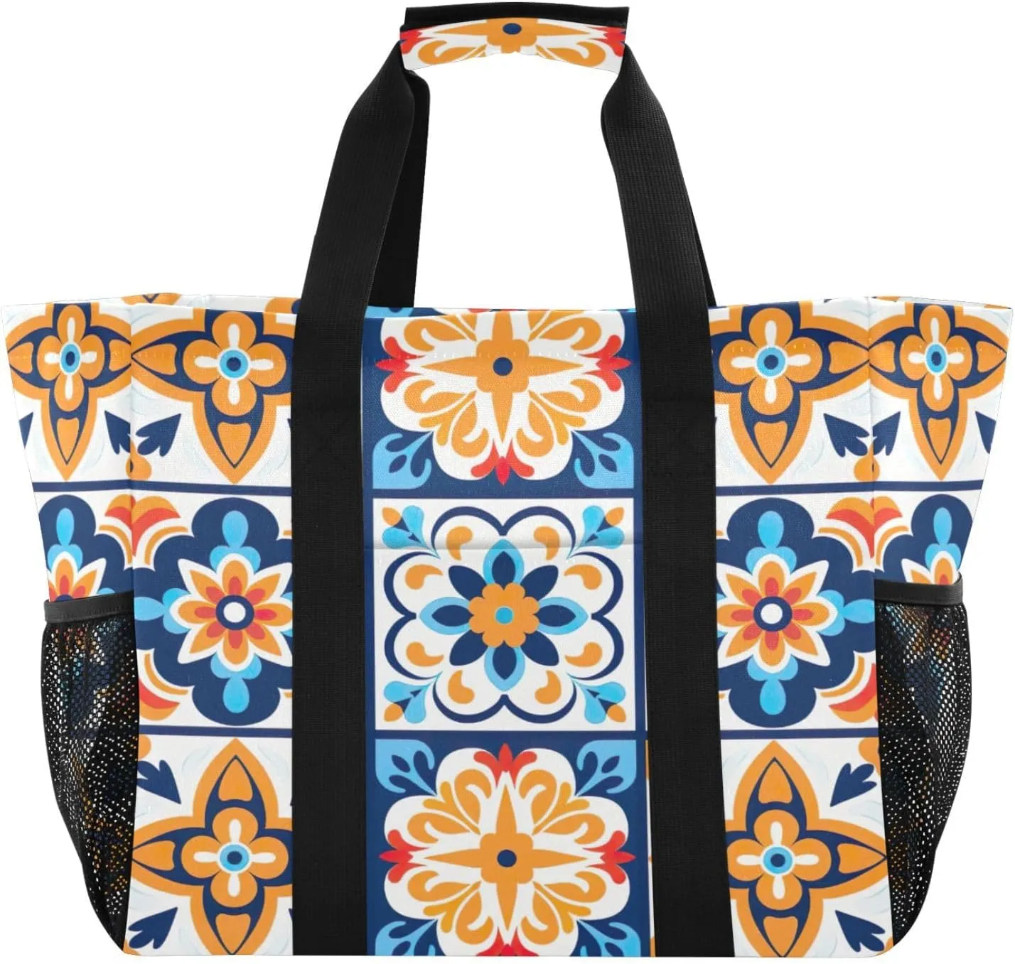 Nander Mexican Style Ceramic Tiles Foldable Tote Bag Waterproof Sandproof Women Beach Bag Handbag Gym Bag Travel Shopping Bag