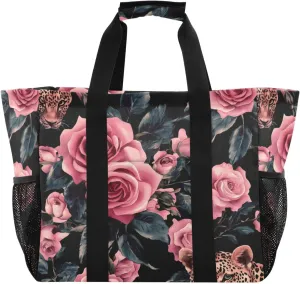 Nander Roses and Leopard Foldable Tote Bag Waterproof Sandproof Women Beach Bag Handbag Gym Bag