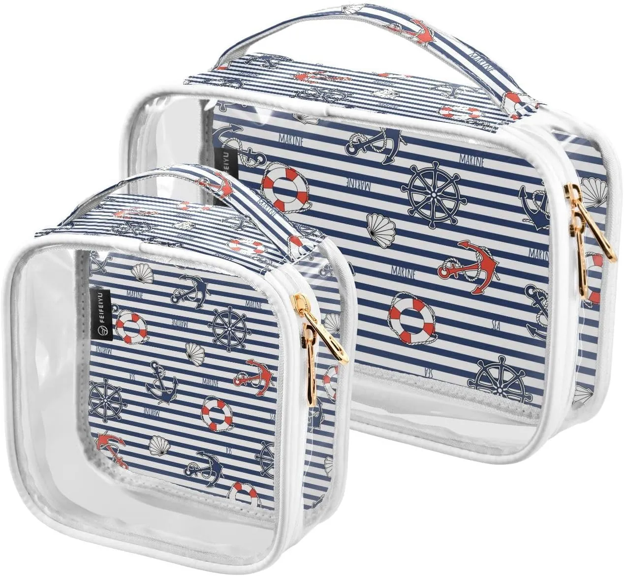 Nautical Pattern 2 Pieces Clear Makeup Cosmetic Bags for Traveling Vacation Organizing, Toiletry Bags for Women Men, PVC Waterproof Travel Organizer
