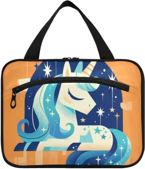 Orange Cute unicorns hanging large toiletry bags for women with hook, designer chic makeup bag organizer for traveler cruises bolsas para maquillaje M