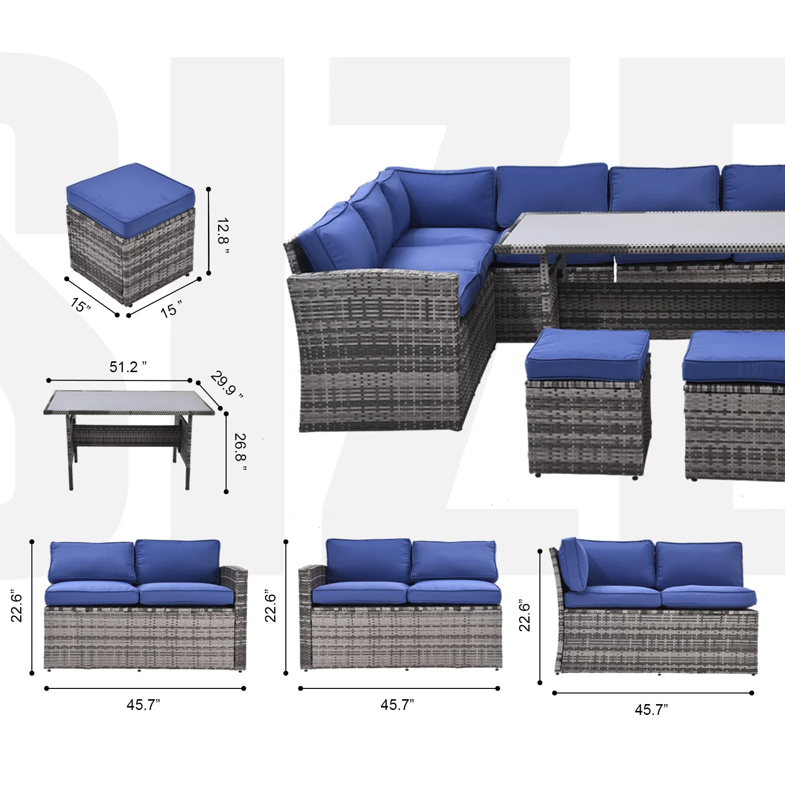 Outdoor Patio Furniture Set,7 Pieces Outdoor Sectional Conversation Sofa with Dining Table,Corner Chairs, Ottomans,All Weather PE Rattan and Steel Frame,With Backrest and Removable Cushions(Grey Blue)
