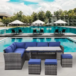 Outdoor Patio Furniture Set,7 Pieces Outdoor Sectional Conversation Sofa with Dining Table,Corner Chairs, Ottomans,All Weather PE Rattan and Steel Frame,With Backrest and Removable Cushions(Grey Blue)