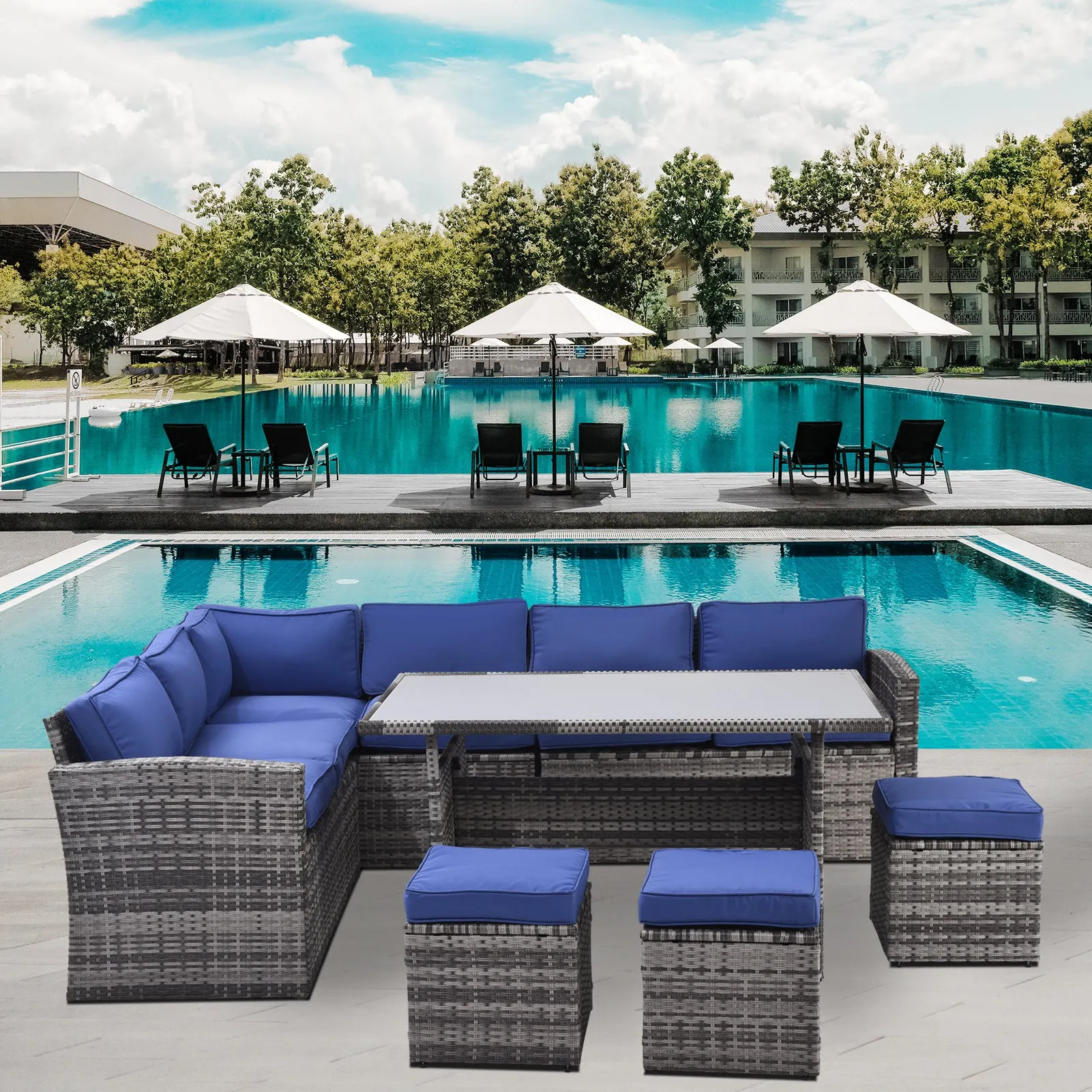 Outdoor Patio Furniture Set,7 Pieces Outdoor Sectional Conversation Sofa with Dining Table,Corner Chairs, Ottomans,All Weather PE Rattan and Steel Frame,With Backrest and Removable Cushions(Grey Blue)