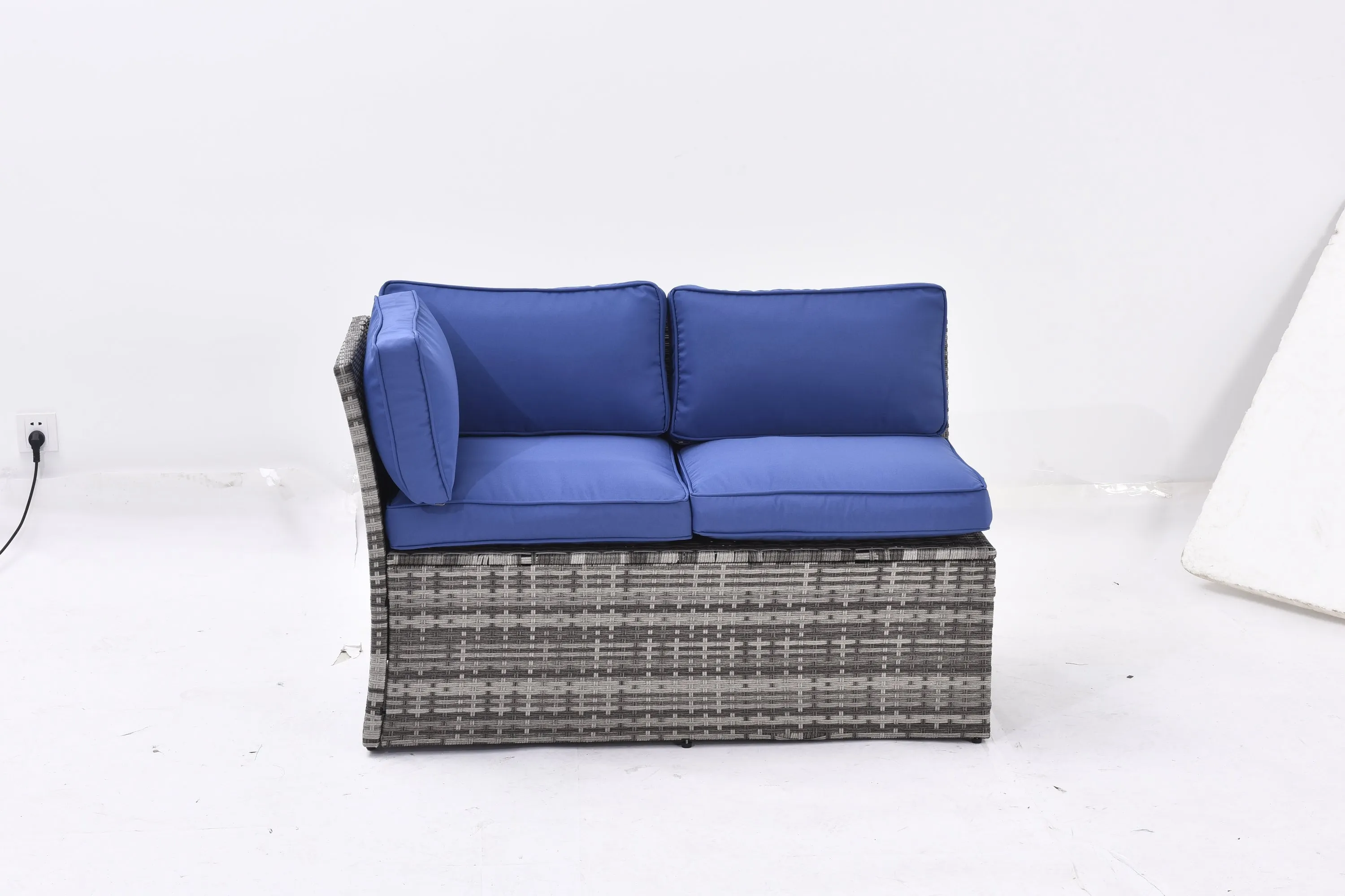 Outdoor Patio Furniture Set,7 Pieces Outdoor Sectional Conversation Sofa with Dining Table,Corner Chairs, Ottomans,All Weather PE Rattan and Steel Frame,With Backrest and Removable Cushions(Grey Blue)