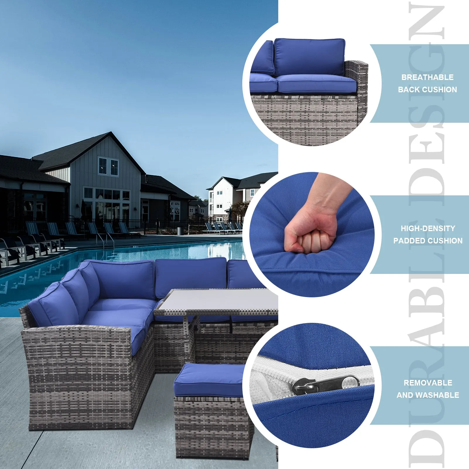 Outdoor Patio Furniture Set,7 Pieces Outdoor Sectional Conversation Sofa with Dining Table,Corner Chairs, Ottomans,All Weather PE Rattan and Steel Frame,With Backrest and Removable Cushions(Grey Blue)