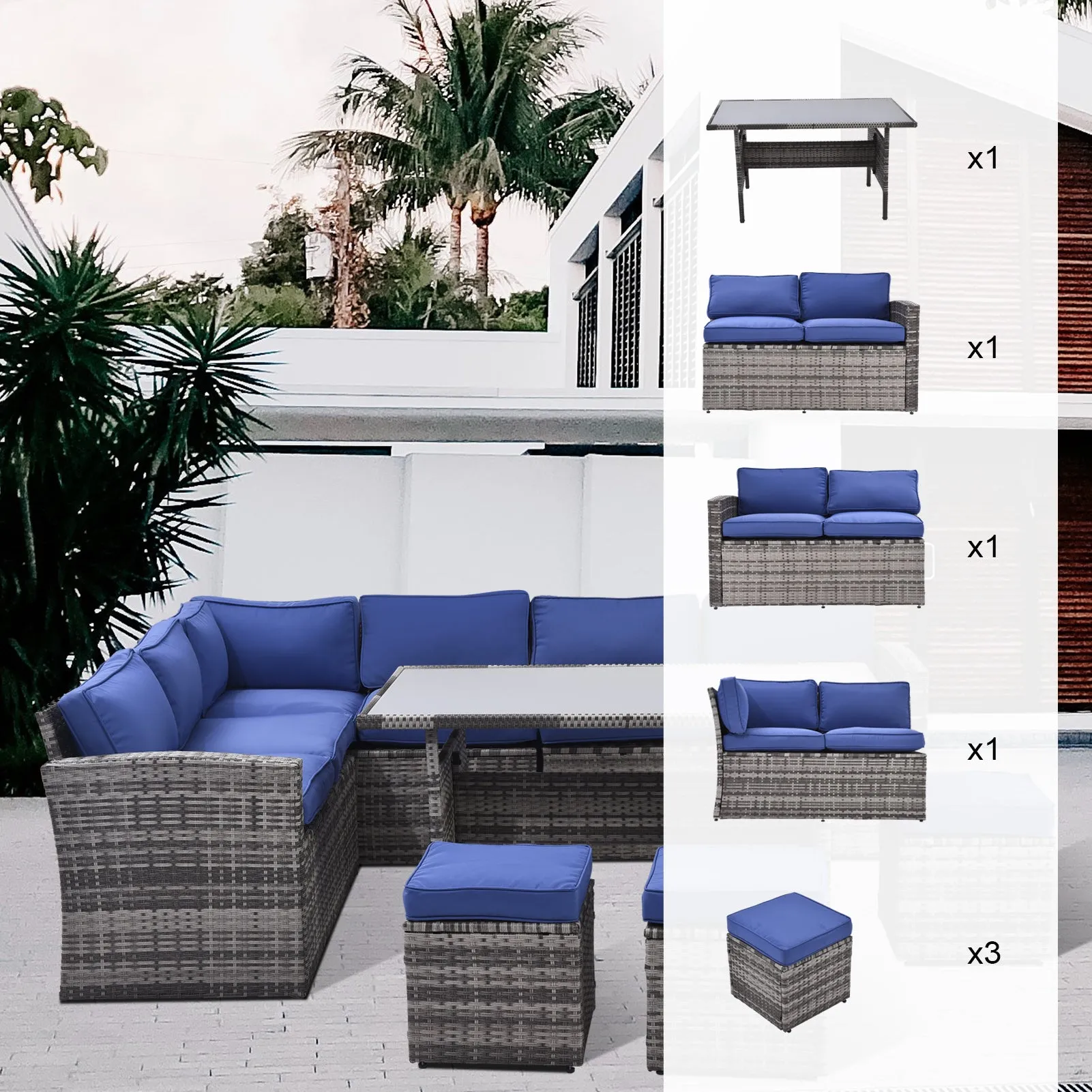 Outdoor Patio Furniture Set,7 Pieces Outdoor Sectional Conversation Sofa with Dining Table,Corner Chairs, Ottomans,All Weather PE Rattan and Steel Frame,With Backrest and Removable Cushions(Grey Blue)