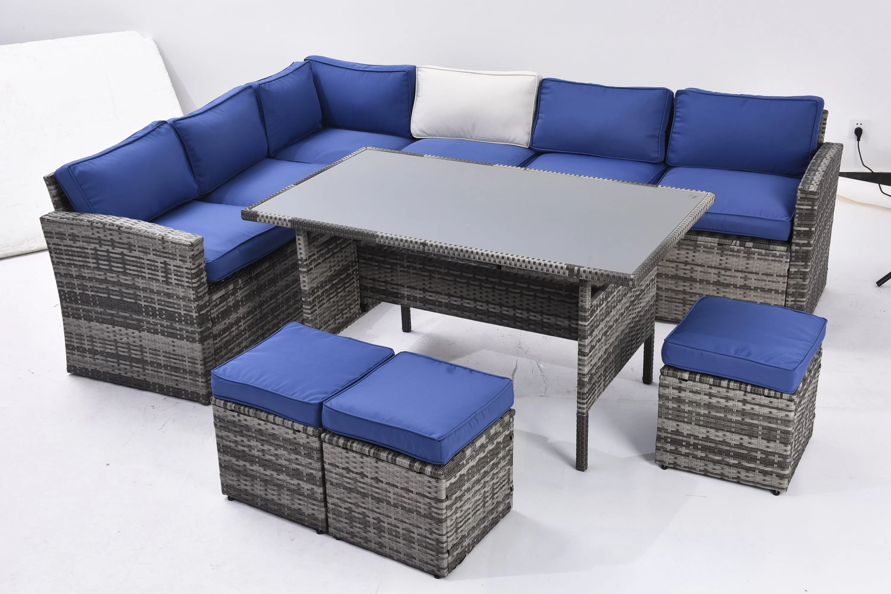 Outdoor Patio Furniture Set,7 Pieces Outdoor Sectional Conversation Sofa with Dining Table,Corner Chairs, Ottomans,All Weather PE Rattan and Steel Frame,With Backrest and Removable Cushions(Grey Blue)