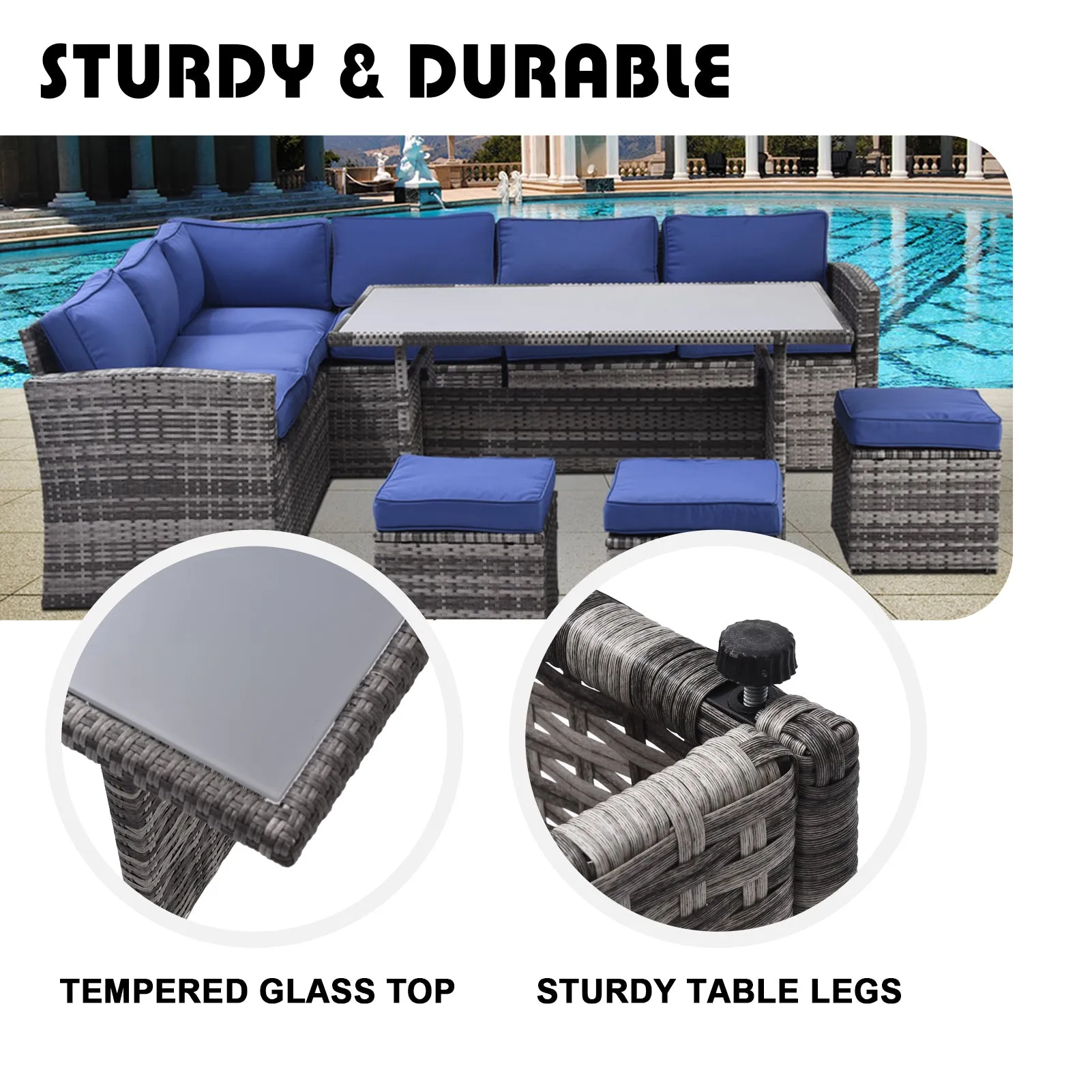 Outdoor Patio Furniture Set,7 Pieces Outdoor Sectional Conversation Sofa with Dining Table,Corner Chairs, Ottomans,All Weather PE Rattan and Steel Frame,With Backrest and Removable Cushions(Grey Blue)