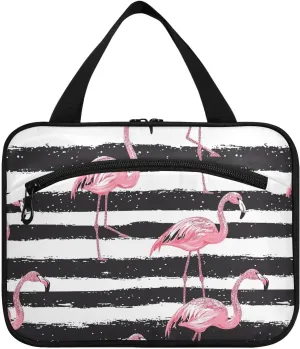 Peach Flamingos Black Stripes hanging travel toiletry bags with hook, designer chic makeup bag for car for dad bathroom organizador de maquillaje para
