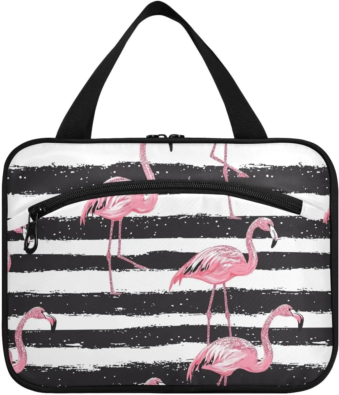 Peach Flamingos Black Stripes hanging travel toiletry bags with hook, designer chic makeup bag for car for dad bathroom organizador de maquillaje para