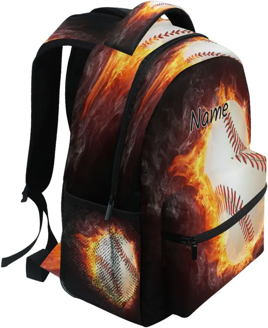 Pfrewn Custom Backpacks Personalized Baseball Ball Enveloped in Fire Bookbag with Name Boys Girls School Backpack 17"