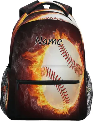 Pfrewn Custom Backpacks Personalized Baseball Ball Enveloped in Fire Bookbag with Name Boys Girls School Backpack 17"